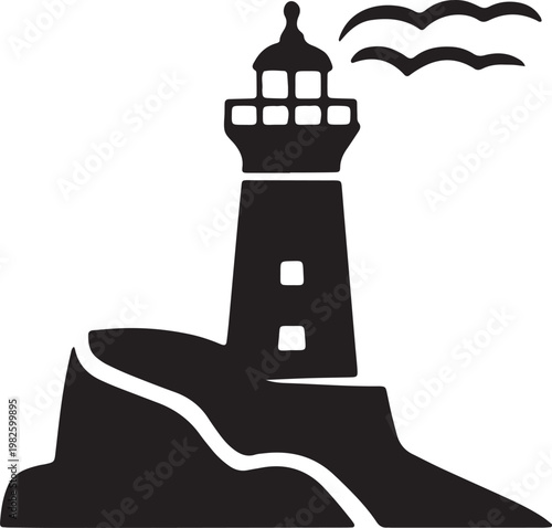 Lighthouse silhouette with birds on a rock by sea vector illustration marine navigation