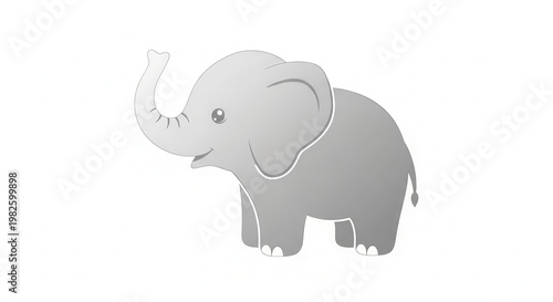 Charming grey cartoon baby elephant illustration with trunk raised on a clean white background