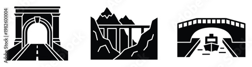 Essential infrastructure symbols featuring a classic road tunnel, a sturdy mountain bridge, and a navigable canal with a boat, ideal for travel applications, engineering presentations, and