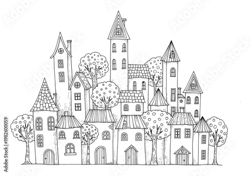 Whimsical hand drawn village full of tall quirky houses with pointy roofs and round trees perfect for childrens coloring books activity pages or serene graphic projects.