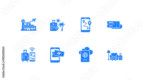 Modern travel icons including tickets, bags, and journey elements.