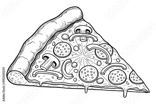 Hand drawn pizza slice with pepperoni and mushrooms for restaurant menus, food blogs, recipe books, or graphic design projects requiring a sketched food illustration.
