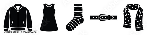 A collection of simple glyph icons representing various clothing items and apparel accessories, perfect for use in ecommerce applications, shopping interfaces, or informational graphics