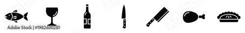 Versatile black silhouette food and kitchen icons for culinary applications restaurant menus grocery store branding recipe websites and cooking blogs