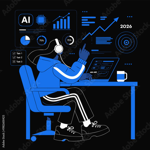 Businessman focused on 2026 growth trends, analyzing projections, opportunities, productivity, and strategic planning for future success.
