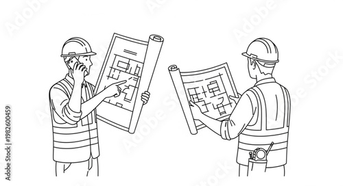 Two construction workers reviewing blueprints on a building site.