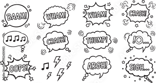 A playful collection of hand-drawn comic book speech bubbles and action onomatopoeia in a minimalist black-and-white line art style.