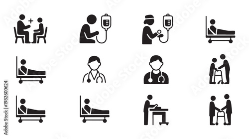 Medical healthcare icons set showing hospital patients doctors care services and professional treatment.