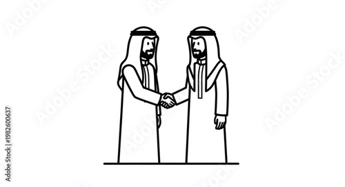 Two Arab men shaking hands, symbolizing agreement and partnership.