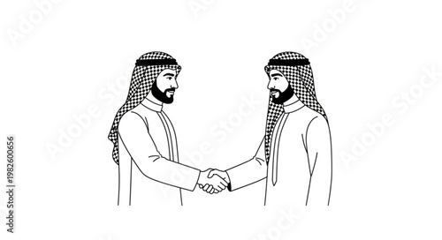 Two Arab men shaking hands, symbolizing agreement and partnership in business.