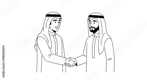 Two Arab men shaking hands, symbolizing agreement and partnership in business.