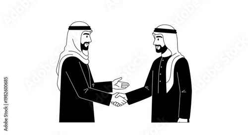 Two Arab men shaking hands, symbolizing agreement and partnership in business.