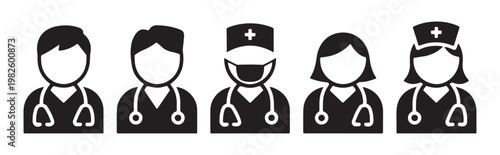 Professional healthcare team icons featuring diverse medical staff portraits with stethoscopes and masks.