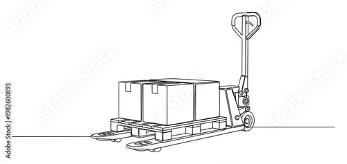 Simple continuous line drawing of a pallet jack transporting packaged goods on a wooden pallet for conveying warehouse and delivery concepts.