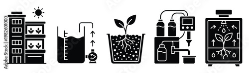 Advanced agriculture technology icons showing vertical farming, hydroponic systems, nutrient delivery, and aeroponic plant cultivation for smart gardening applications