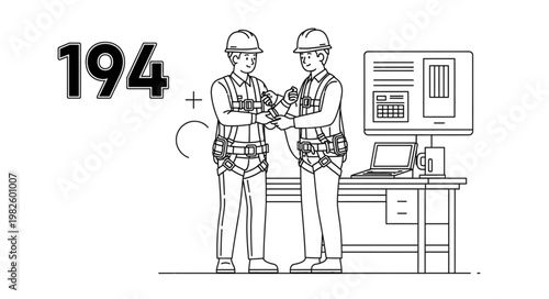 Two construction workers collaborating on a project with equipment and a monitor.