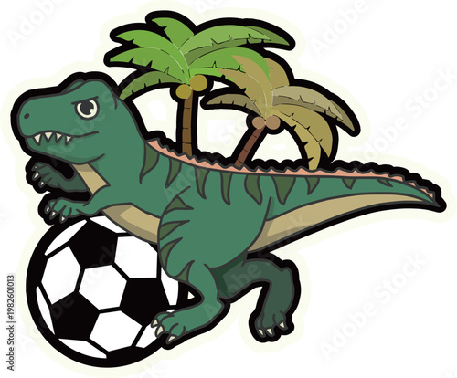 サッカーをやる可愛いティラノサウルスの恐竜イラスト