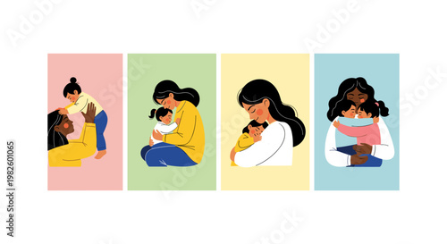 Four diverse women in colorful workwear holding tools, flat woman female worker construction toolbox