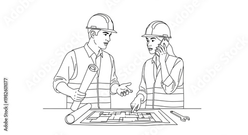Two construction workers discussing blueprints on a site.