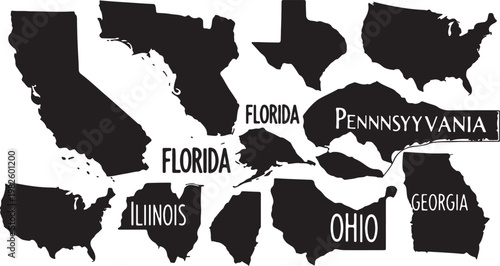 A comprehensive set of minimalist black silhouette maps for various United States regions, including California, Texas, Florida, and Alaska.