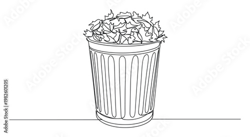 Continuous line drawing of a trash can overflowing with fallen autumn leaves, depicting the seasonal cleanup process or environmental waste management concepts