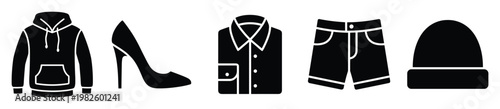 Modern apparel icons featuring a comfortable hoodie, stylish high heel, classic shirt, casual shorts, and warm beanie, ideal for digital clothing store advertisements and fashion catalog