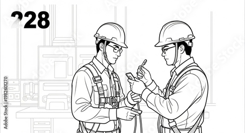 Two construction workers in hard hats and safety vests collaborating on a project, discussing blueprints or equipment.