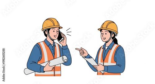 Two construction workers in hard hats and safety vests discussing plans.