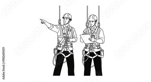 Two construction workers in safety harnesses discussing plans.