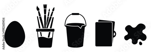 Black silhouette icons of an egg, paint brushes, a bucket, papers, and a paint splash useful for arts and crafts projects or educational materials