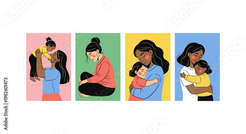 Heartwarming illustrations of mothers breastfeeding their babies in vibrant, colorful backgrounds, symbolizing love and care