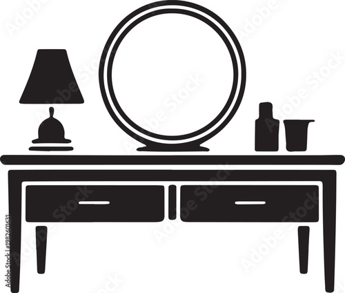 Minimalist vanity table vector silhouette with round mirror lamp and perfume bottles on top
