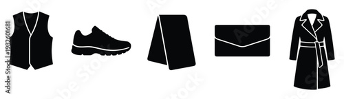 Stylish apparel and accessory icons including a vest running shoe folded fabric clutch purse and long coat ideal for fashion merchandising and clothing advertisements