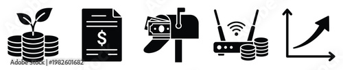 Essential financial icons depicting investment growth, money management, billing statements, communication expenses, and upward trending market data for business presentations and economic