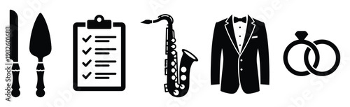 Collection of essential wedding and celebration elements including cake knife, checklist, saxophone, tuxedo, and rings, ideal for event planning and celebratory occasion marketing materials