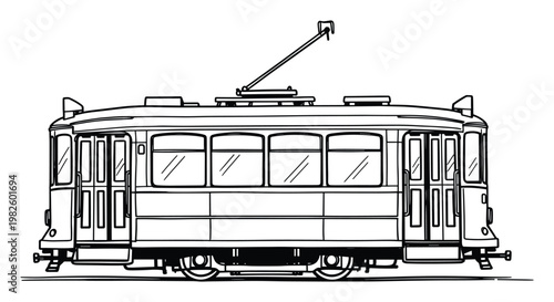 Detailed line drawing of a vintage tram or streetcar transportation vehicle providing an outline for urban public transit concepts and historical city travel applications