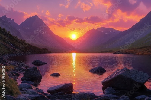 Serene sunset over a mountain lake with rocky shore, vibrant purple and orange sky and glowing sun reflecting on calm water