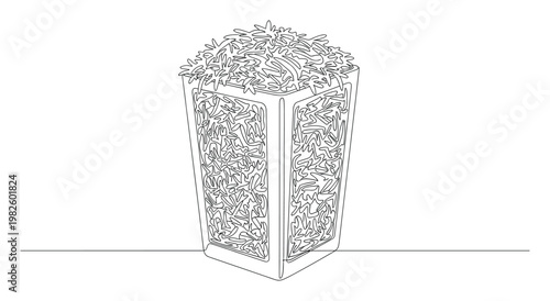Continuous line drawing of a rectangular container filled with shredded material, embodying ecofriendly concepts for environmental responsibility and sustainable living projects.