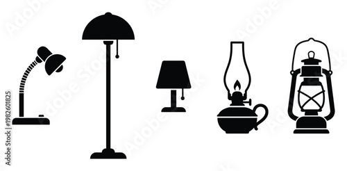 Collection of various lighting devices including desk lamp, floor lamp, table lamp, oil lamp, and old lantern perfect for home decor, light source, or electricity concept presentations