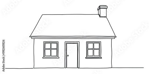 Simple continuous line drawing of a small family house with a roof, chimney, door, and windows providing a clean vector graphic for architectural concepts or home ownership campaigns