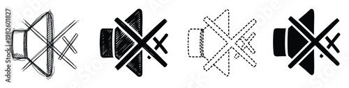 Various styles of sound off speaker symbols, including sketchy, filled, and outline versions, useful for web graphics, mobile apps, and communication technology interfaces.