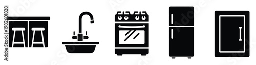 Essential kitchen appliances and furniture glyph icons featuring a breakfast bar with stools, sink, stove, refrigerator, and cabinet, perfect for interior design application interfaces and