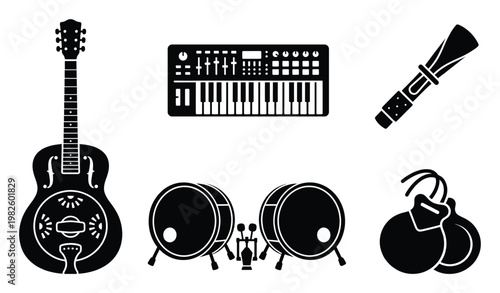 Diverse collection of musical instruments featuring guitar, synthesizer, percussion, and drums for music studio, education, and entertainment content