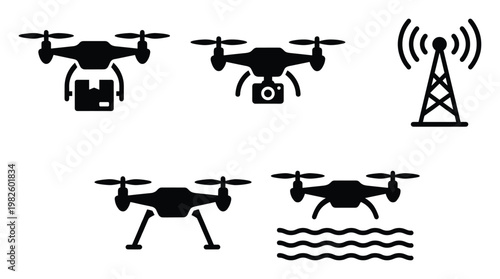 Drone technology vector icons depicting package delivery, aerial camera use, water operations, landing, and communication tower signals, excellent for digital media and information graphics