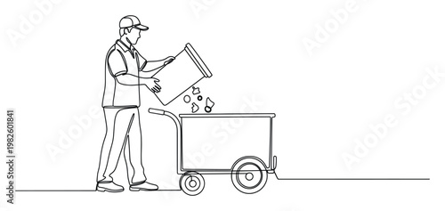 Dynamic one line illustration of a diligent service professional emptying a waste container into a wheeled collection cart, useful for showcasing industrial cleaning, garbage disposal, and