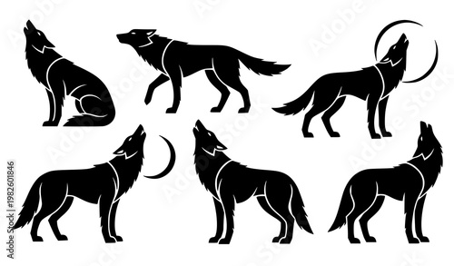 Decorative wolf silhouettes vector set tribal and wiccan inspired animal designs isolated on white background for tattoo and print