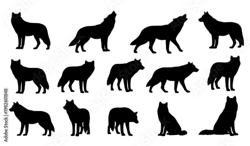 Stylized wolf silhouette vector set pagan totem and mystical animal symbols isolated on white background for tattoo and spiritual design