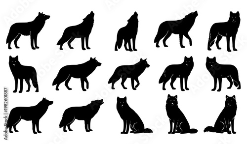 Wolf silhouettes set vector howling standing and walking wolves isolated on white background for tattoo sticker and print design