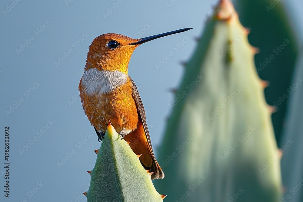 Fototapeta premium small rufous-orange hummingbird perched on a spiky succulent leaf, alert and serene in soft morning light
