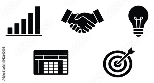 Essential business icons depicting financial growth, partnership, innovation, data organization, and strategic goals for corporate presentations, marketing, and project planning applications